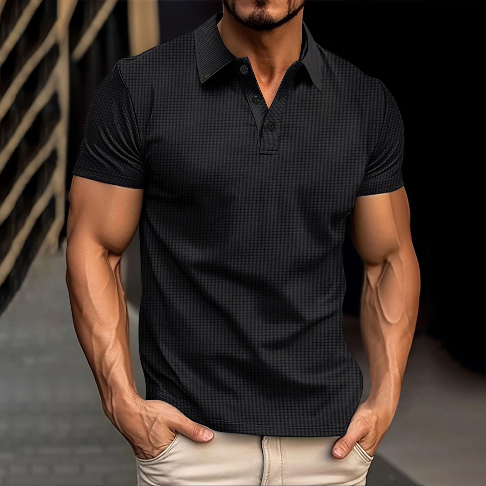 thumbnail image 3 of Camiseta informal de manga corta con solapa para hombre, camisetas de verano lisas para la playa y las vacaciones, 3 of 5